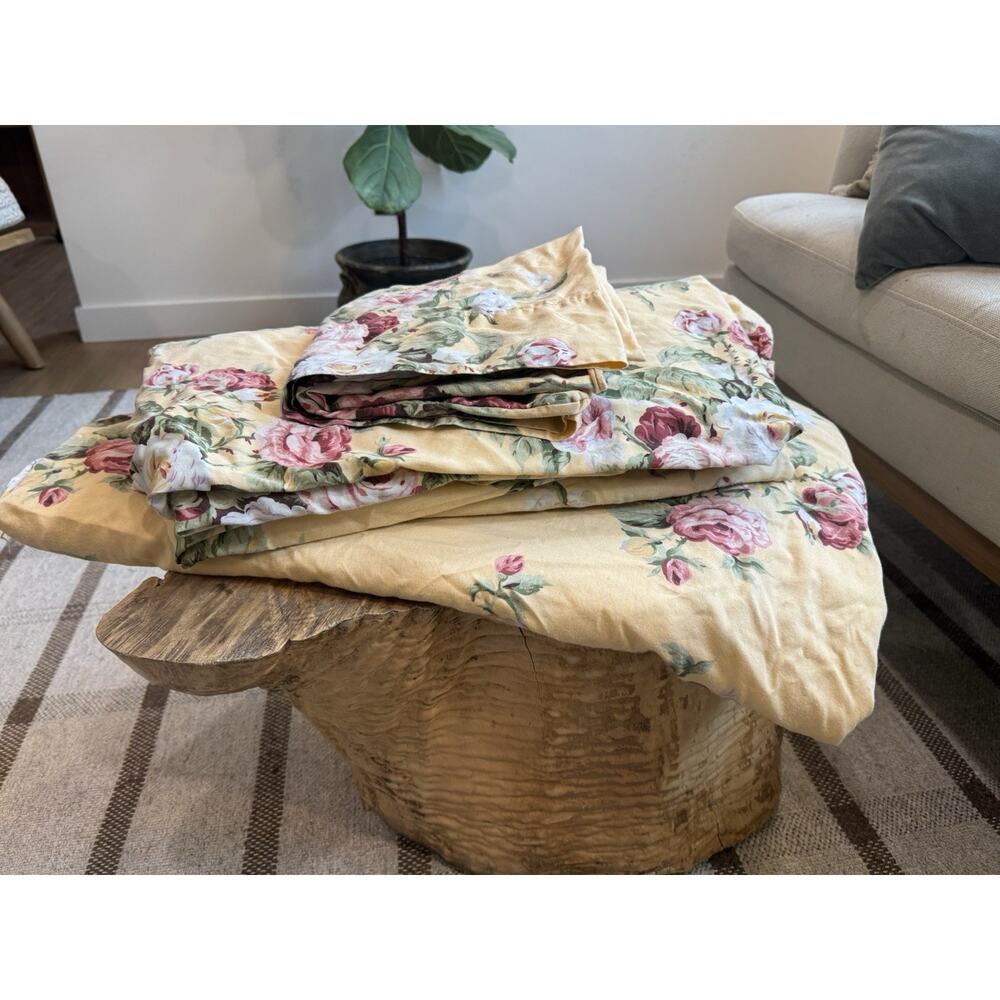Vintage Ralph Lauren Kathleen Yellow Cabbage Rose King Sheet Set 1 Pillow Case